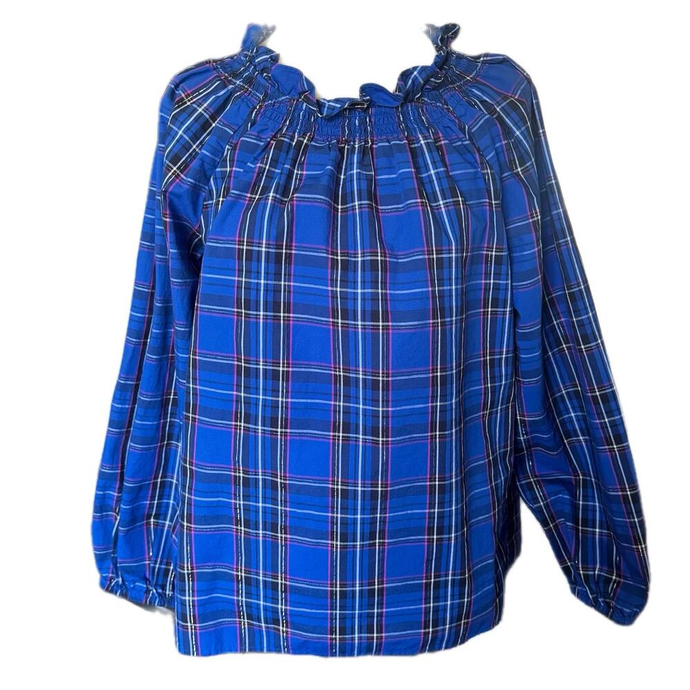 Talbots M Blue Plaid Chiffon High Neck Smocked Ruffle Puff Blouse Career Office